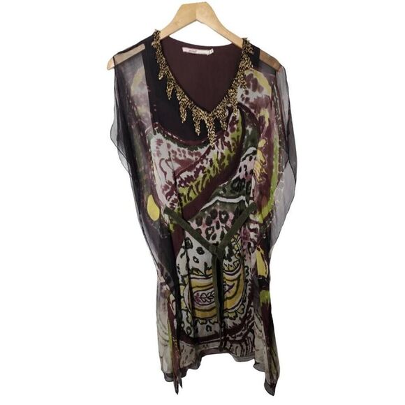 Vintage Mint Jodi Arnold silk print dress belted kaftan beaded size 4 - Picture 1 of 6